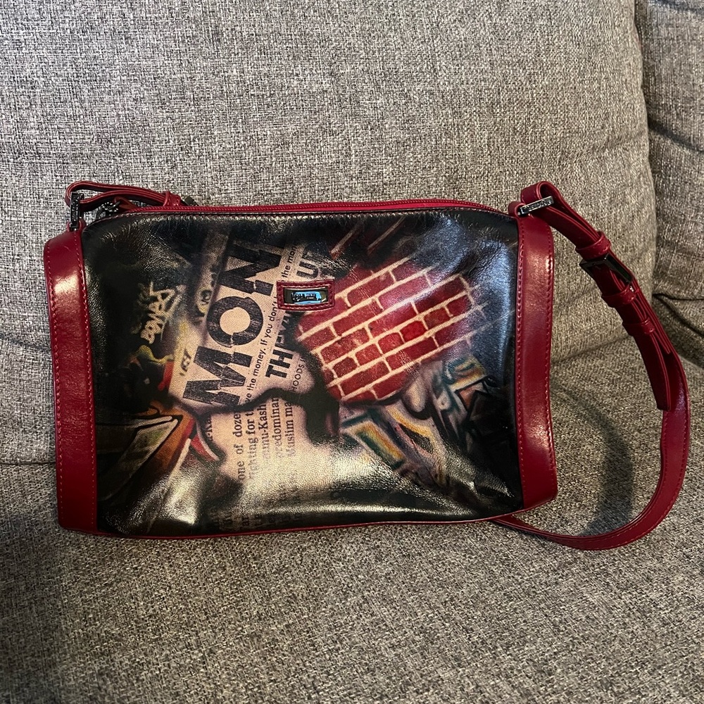 LOUVIER Paris Vintage Women's Leather Graffiti Pop-Art Purple Shoulder Purse
